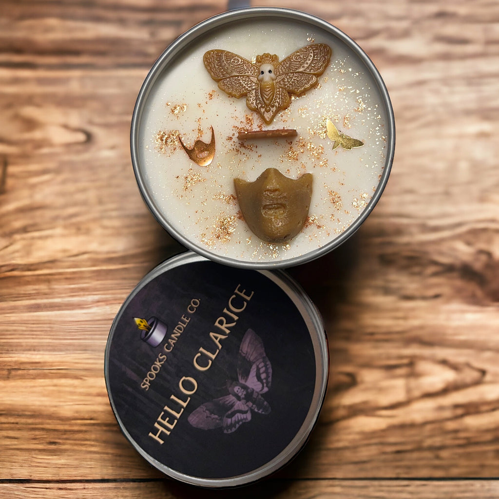 Inspired by Silence of the Lambs, this candle features a death moth and captures the essence of aged leather and mystery. Soy wax premium.