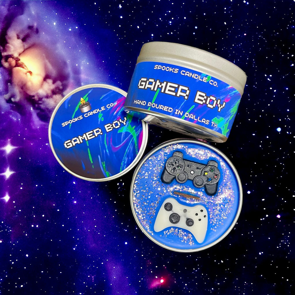 Gamer candle with controller embed, in a tin container
