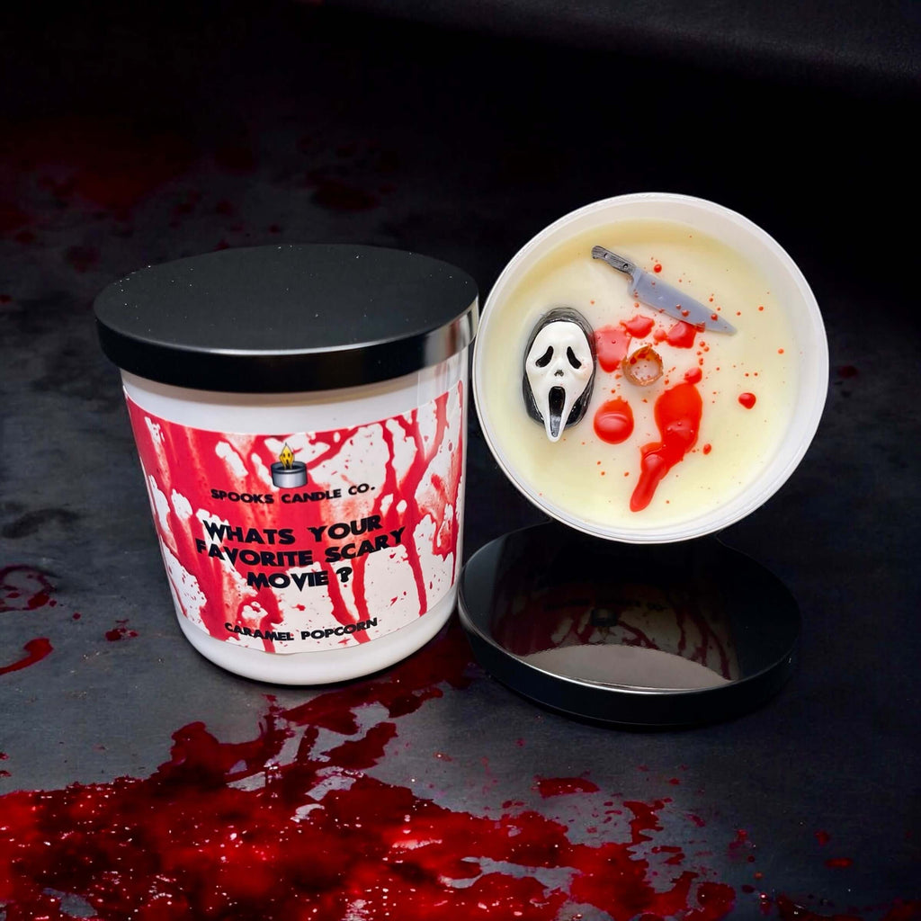 Scream horror movie candle with Ghostface embed in a white glass candle jar